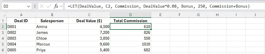 Shows the LET function being used to save and use variables