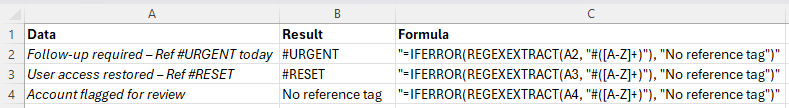 Shows REGEXEXTRACT wrapped with an IFERROR cleaning up data even when a match isn't found
