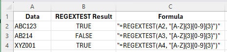 Shows REGEXTEST working on a set of data