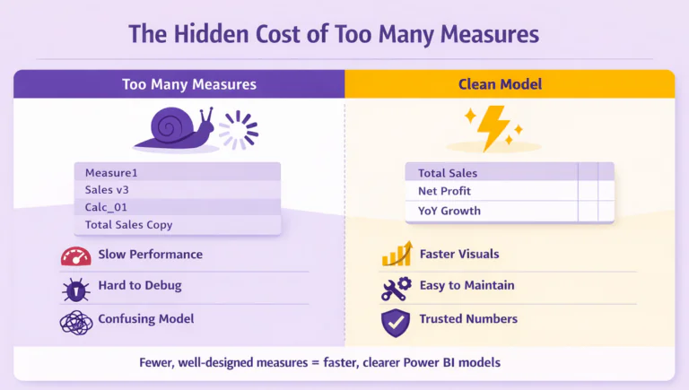 Infographic style image that shows the hidden cost of measures in Power BI